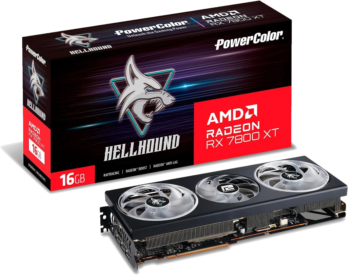 The Hellhound Radeon RX 7800 XT 16GB graphics card in front of its retail box